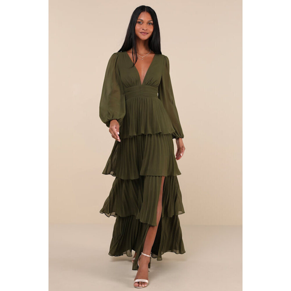 Lulus Graceful Finesse Olive Green Pleated Long Sleeve Maxi Dress - Size M - Picture 6 of 6
